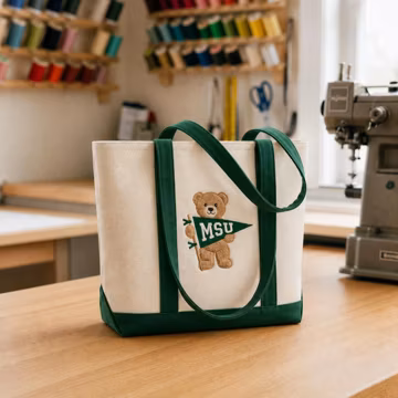 Custom College Tote Bag, Embroidered Teddy Bear Tote, Personalized University Bag, Canvas Tote Gift For Her, School Spirit Bag