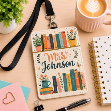 Personalized Cottagecore Bookshelf Leather ID Card Holder, Custom Name Librarian Gifts, Teacher Accessories, Teacher Appreciation URD-OZD28