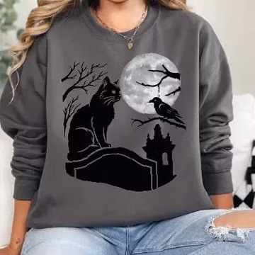 Cat Crow Sweatshirt Hoodie, Black Raven Moon Hoodie, Dark Cat Crow Raven Lover Gift, Vintage Cat Raven Gift, Halloween Gothic Sweatshirt
