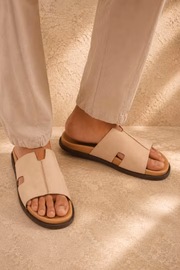 Handmade Leather Men's Slide Sandals Beige Open Toe Summer Slip On Casual Comfort Slippers Premium