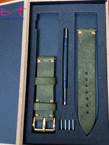 Olive Green Pueblo Leather Watch Strap, Hand-Stitched Calfskin Lined Band...
