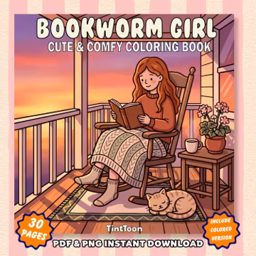 Bookworm Girl Coloring Book | 30 Cozy Coloring Pages, Aesthetic Girl Moments, Printable PDF PNG, Digital Download, Bold and Easy For Adults