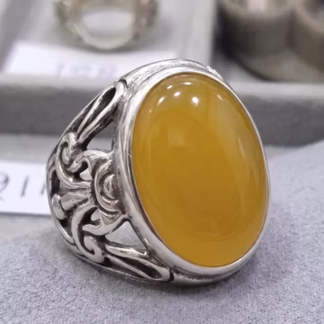 Natural Yellow Yemeni Aqeeq Ring | 925 Sterling Silver with Polish Finish | Handmade Oval Gemstone Signet Ring | Gift for Him