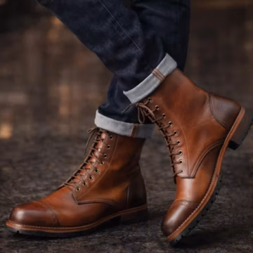Men's Handmade Brown Leather Lace-Up Boots, Classic Cap Toe Dress Style