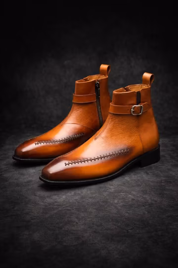 Men's Genuine Leather Ankle Boots, Buckle Strap Side Zip Dress Shoes