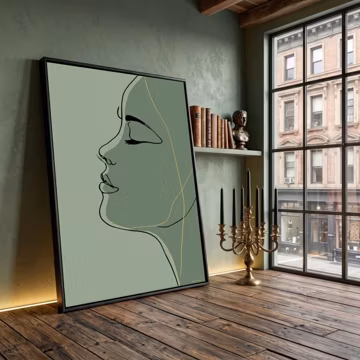 Minimalist Female Profile Canvas, Abstract Line Art, Green Tones Wall Decor