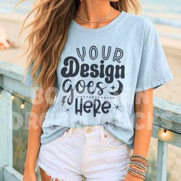 Comfort Colors Chambray Shirt Mockup | C1717 light blue T-shirt Model Beach Mock up