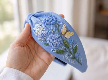 Personalized Hydrangea Embroidered Headband, Blue Floral Linen Hairband with Butterfly, Custom Name Hair Accessory, Handmade Gifts for Women