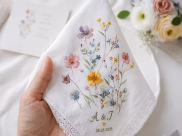 Embroidered Wedding Handkerchief – Custom Floral Hankie for Bride, Bridal Gift, Personalized with Name & Date, Gift for Bride