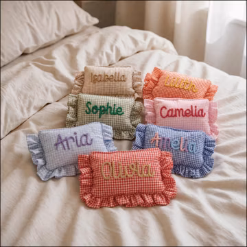 Personalized Gingham Ruffle Makeup Bag, Custom Bridesmaid Gift, Chenille Patch Name Cosmetic Pouch, Monogram Travel Toiletry Bag