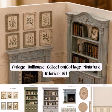 Vintage Dollhouse Interior Collection, Printable Cottage Miniature Dollhouse Wallpapers Flooring Kit, English Cottage Printable Fireplace