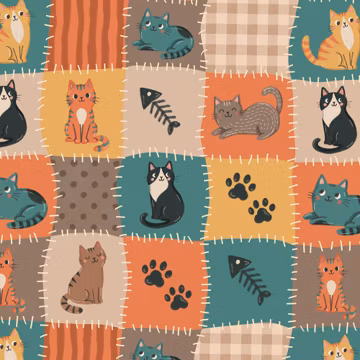 Cute Cat Patchwork Fabric, Sold By The Half Yard, Continuous Cut, 100% Cotton Fabric