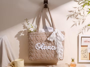 Personalized Quilted Heart Tote Bag with Lace Ribbon,Crochet Shoulder Bag,Bridesmaid Gift,Gift For Her