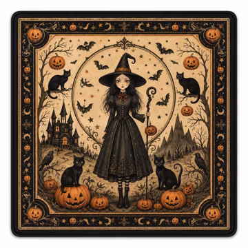 Vintage Halloween Mahjong Mat: Haunted Castle, Bats, Witch Art (Fall Decor)