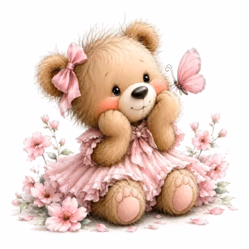 39 Bear Cub Clipart Bundle, Cute Pink Floral Teddy Bear & Butterfly Watercolor JPGs (Digital Download)