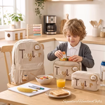 Personalized Corduroy Backpack Set, 3PCS Custom Name School Bag, Lunch Box & Pencil Case - Back to School Gifts for Boys and Girls