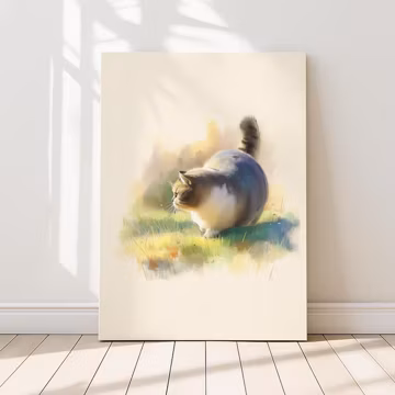 British Shorthair Cat Art Print, Walking Through Sunlit Meadow, Neutral Wall Decor | Purrfect Prints