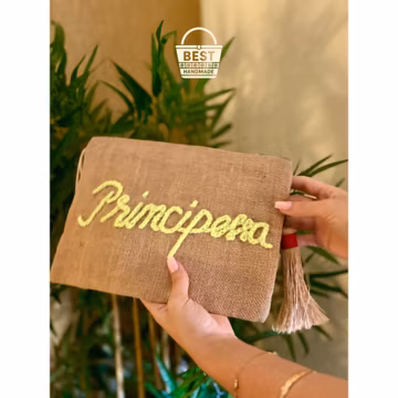 Embroidered Jute Clutch, Personalized Makeup Bag, Moroccan Artisan Craft