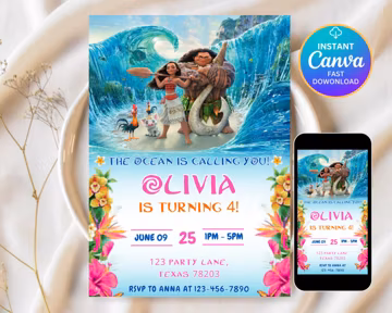 Editable Moana Birthday Invitation | Kids Theme Party Invitation Template | Digital Hawaiian Moana Birthday Invite | Instant Download