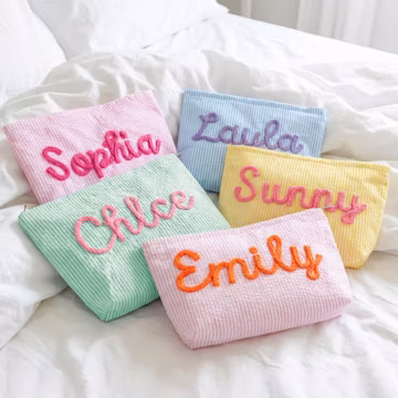 Custom Makeup Bag Seersucker Cosmetic Pouch Chenille Name Monogram, Personalized Bridesmaid Travel bag, Bachelorette Party Favors For Her