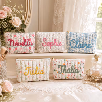 Personalized Floral Makeup Bag, Floral Polyester Cosmetic Pouch with Bow, Custom Name Bridesmaid Travel Bag, Bride Morning Makeup Bag