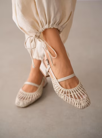 Ivory Woven Square Toe Block Heel Sandals Adjustable Strap Mary Jane Summer Shoes Women
