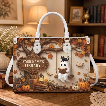Personalized Ghost Library Leather Handbag, Custom Bookish Purse, Spooky Reader Shoulder Bag, Book Lover Gift NTH TD-0723-EWN2