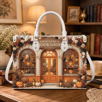 Personalized Halloween Bookshop Leather Handbag, Custom Bookstore Purse, Spooky Reader Bag, Book Lover Gift NTH TD-0723-F5YE