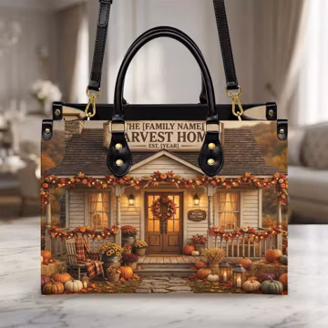 Personalized Harvest Home Leather Handbag, Custom Farmhouse Purse, Autumn Harvest Shoulder Bag, Fall Gift NTH TD-0723-UMOP