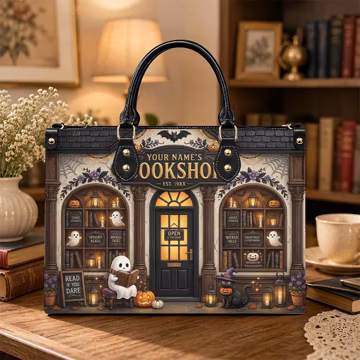 Personalized Halloween Bookshop Leather Handbag, Custom Bookstore Purse, Spooky Reader Bag, Book Lover Gift NTH TD-0722-YLRX