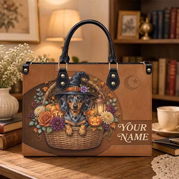 Personalized Halloween Dachshund Leather Handbag, Custom Dog Purse, Spooky Puppy Shoulder Bag, Dog Lover Gift NTH TD-0722-LUSU