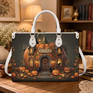 Personalized Pumpkin House Leather Handbag, Custom Halloween Purse, Spooky Fall Shoulder Bag, Autumn Gift NTH TD-0723-DVJZ