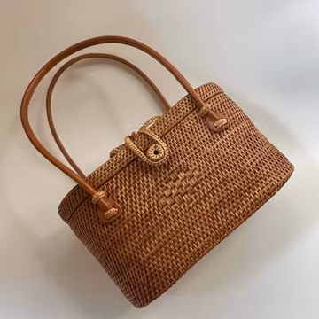 Handwoven Ata Rattan Bag – Boho Purse with Batik Lining & Leather Handles