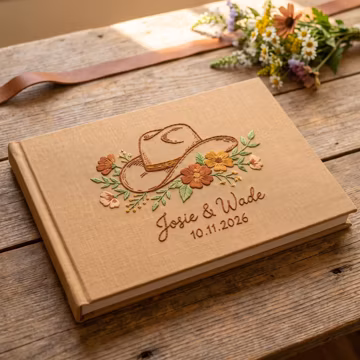 Embroidered Linen Wedding Guest Book, Personalized Cowboy Hat Keepsake, Rustic Floral Design
