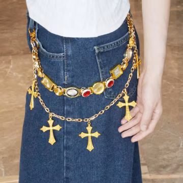 Gold Punk Watch Pants Chain, Vintage Waist Chain Belt with Red Gems & Cross Charms, Edgy Gothic Jewelry for Jeans, Y2K Aesthetic Pants Chain