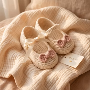 Handmade Crochet Baby Shoes with Pink Bow | Soft White Booties for Girls