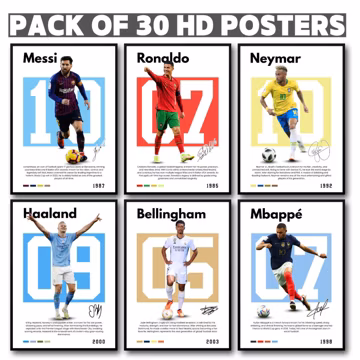 Football Legends Poster Set: Ronaldo, Messi, Neymar, Mbappe (Digital Download, Pack of 30)