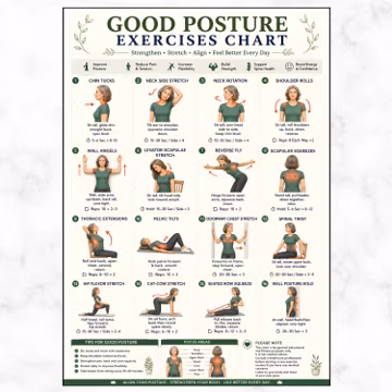 Good Posture Exercises Chart, Back Neck Workout Improve Poster, Home Office Desk Stretches, Fix Rounded Shoulders Tech Neck Correction PDF