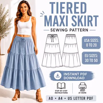Tiered Maxi Skirt Sewing Pattern, Boho Elastic Waist PDF, Beginner Friendly (A4 US Letter)