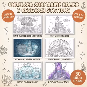 Undersea Submarine Homes Coloring Book 30 Unique Cutaway Pages Ocean Explorer Stations Printable PDF PNG Instant Download