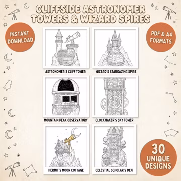 Cliffside Astronomer Tower Coloring Book 30 Unique Fantasy Observatory Cutaway Pages Wizard Spire Printable PDF Instant Download