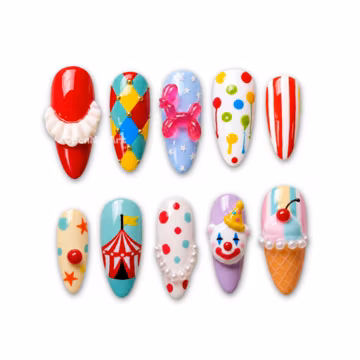Circus Carnival Colorful Press On Nails, Clown Charm, Balloon Dog, Ice Cream, Polka Dot, Party Costume FRFZ3