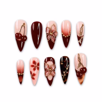 Cherry Blossom Burgundy Press On Nails, Gold Charms, Floral Art, Fruit Design, Romantic Gift, Elegant Party ZUHZ3