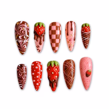 Chocolate Strawberry Dessert Press On Nails, Sweet Treat, Pink Brown, Gold Foil, Kawaii, Gift For Her VUJZ3
