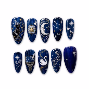 Celestial Moon Navy Blue Press On Nails, Starry Sky, Witchy Cat, Hand Painted, Galaxy, Gift For Her X7HZ3