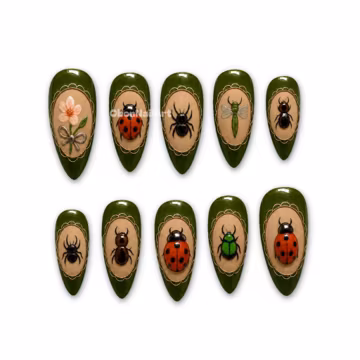 Enchanted Insect Garden Press On Nails, Beetle Art, Ladybug Design, Forest Green, Cottagecore, Nature Lover Gift XXHZ3