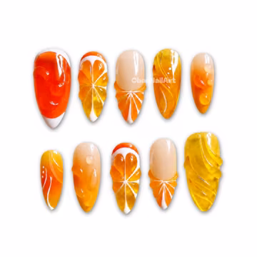 Citrus Jelly Orange Press On Nails, Fruit Slice Design, Summer Vacation, Raised Gloss Art, Korean Aesthetic, Gift For Her NXHZ3