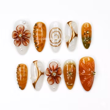 Amber Floral Gold Press On Nails, 3D Flower, Pearl Gems, Swirl Art, Elegant Brown, Autumn Party FOHZ3