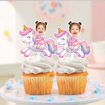 Personalized Unicorn Face Cupcake Toppers, Custom Child Photo Cake Picks with Name, Girl First Birthday Party Decorations