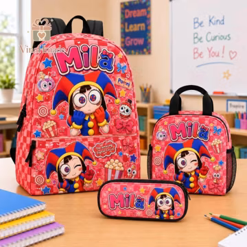 Personalized Pomni Backpack Bundle, The Amazing Digital Circus School Bag Set, Custom Backpack with Lunch Tote and Pencil Case